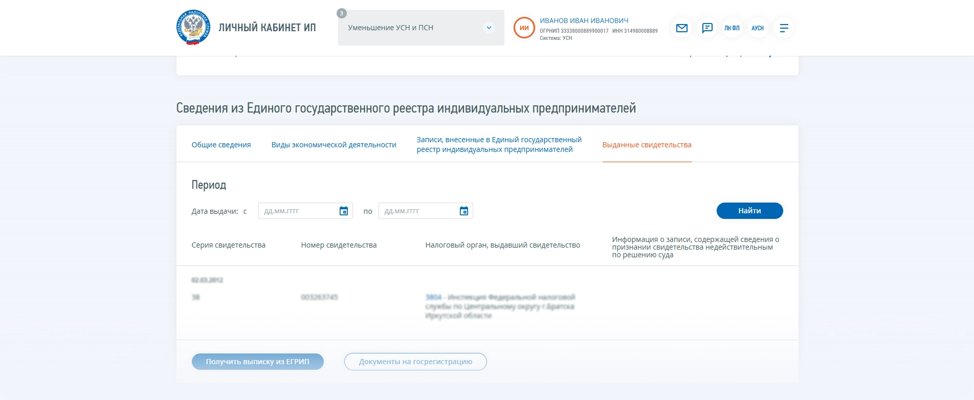 Информация о свидетельстве, выданном ИП