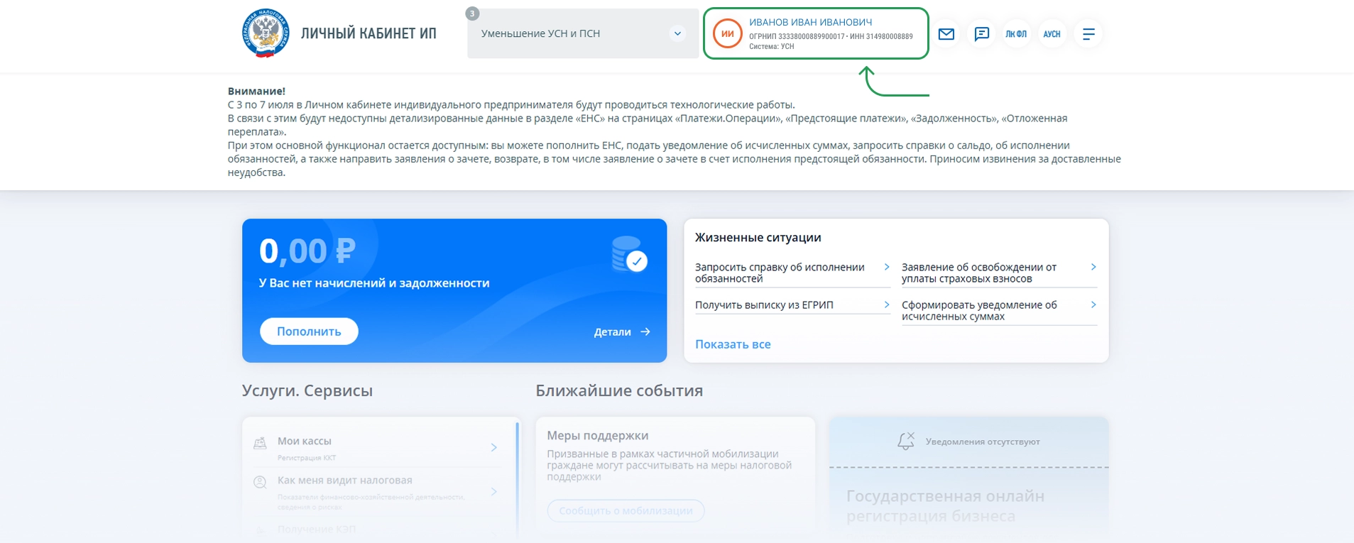 Стартовая страница ЛК ИП