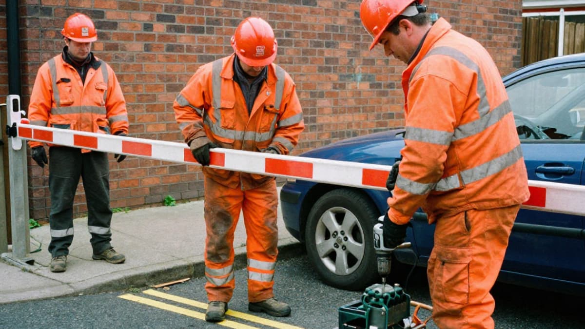 исполнители устанавливают шлагбаум